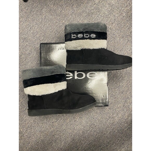 Bebe Black/Grey Boots Faux Fur Size 9.5 - Picture 1 of 13